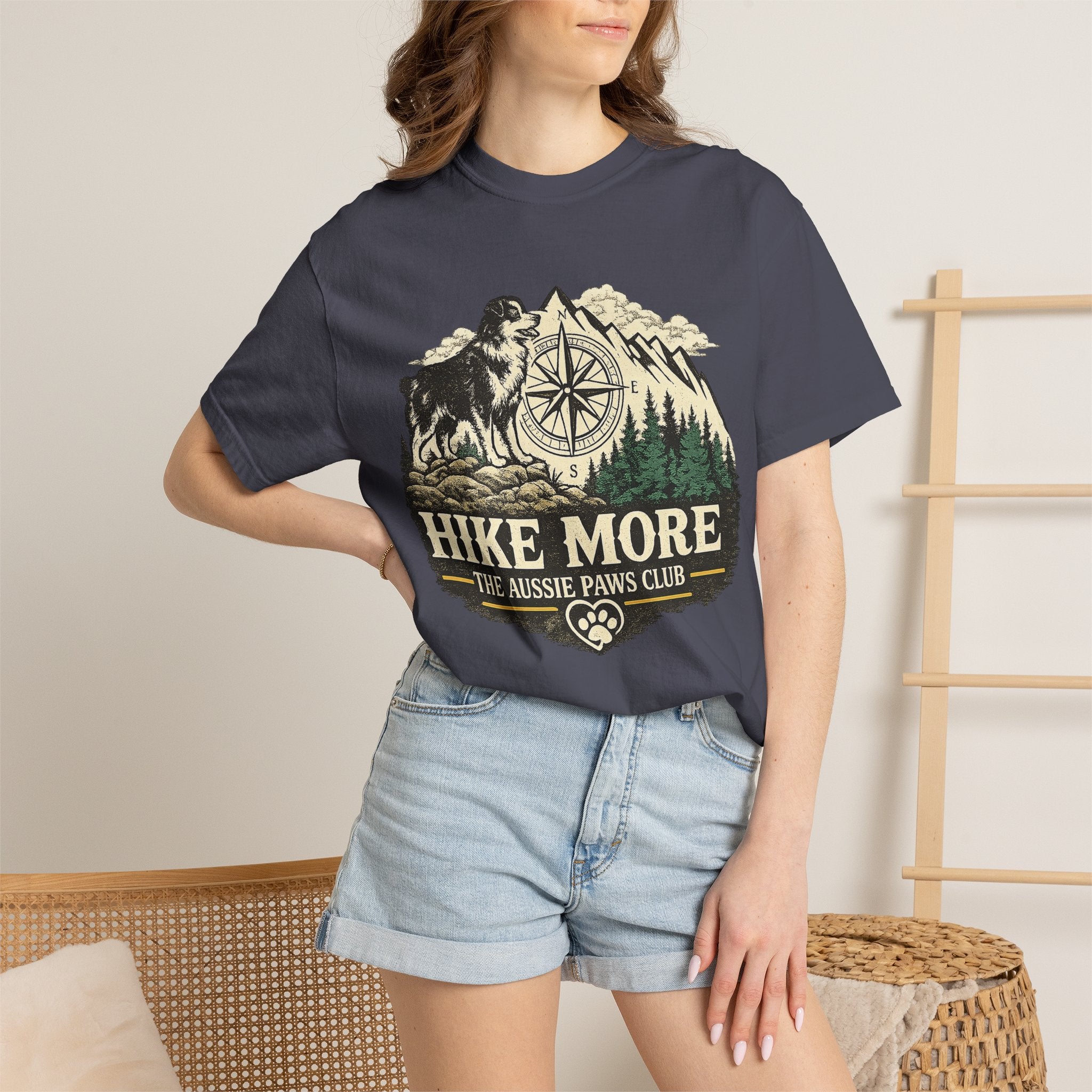 Hike More Australian Shepherd T-Shirt | Vintage Compass Mountain Trail Tee