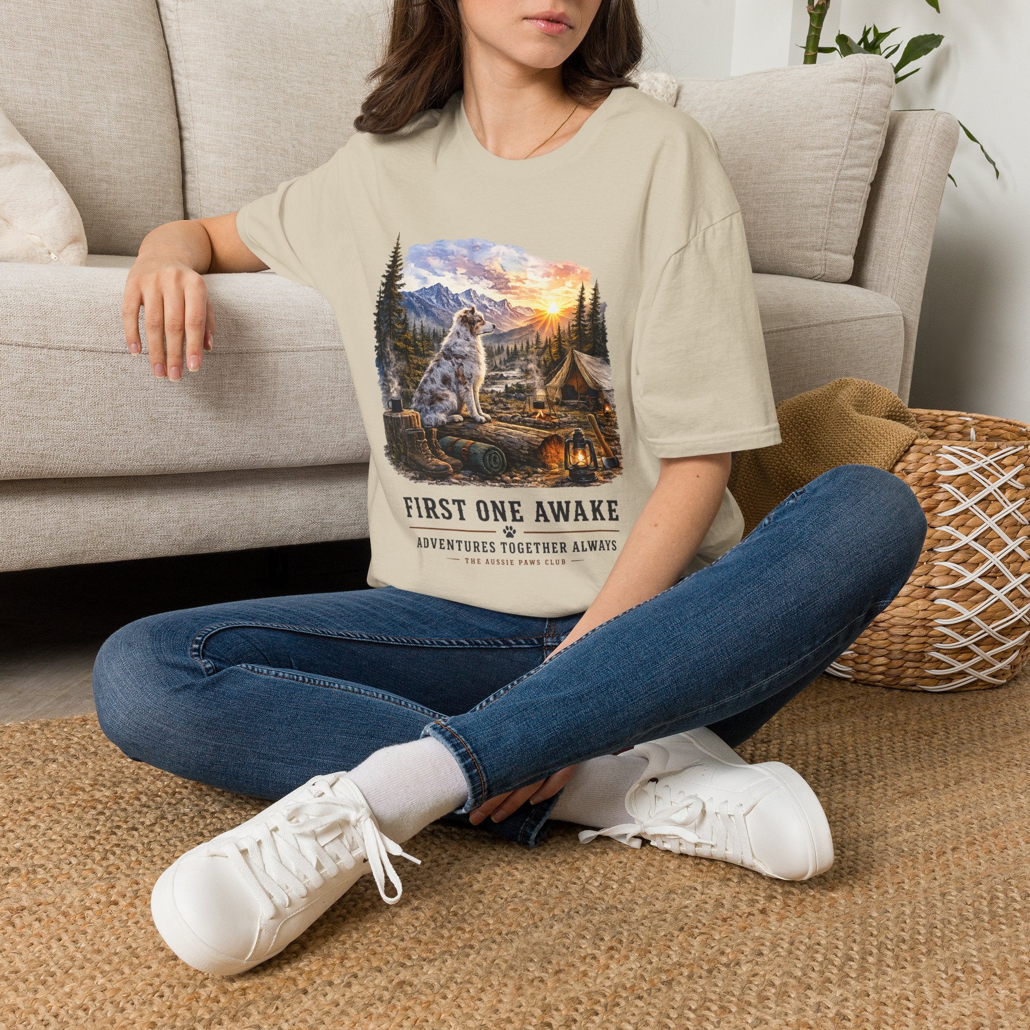 Aussie Red Merle Camping T-Shirt — "First One Awake" Scenic Mountain Sunrise Tee
