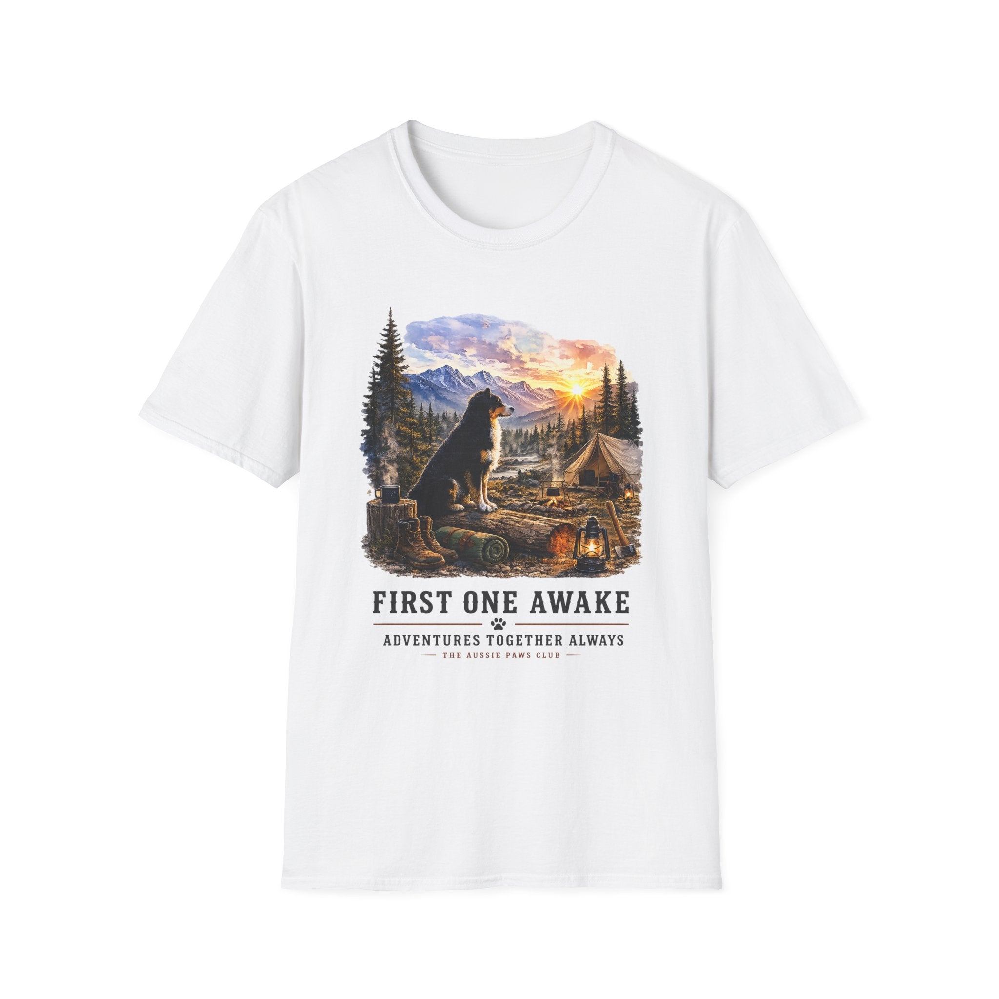 Black Tri Colored Aussie Shepherd Camping T-Shirt — "First One Awake" Scenic Mountain Sunrise Tee