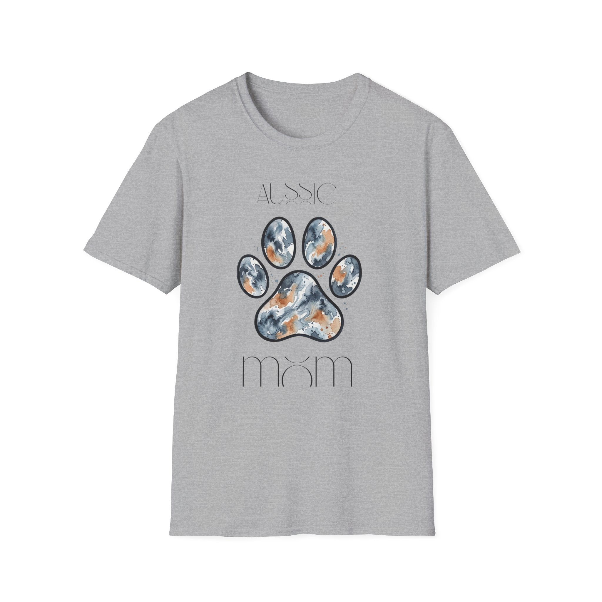Aussie Mom Merle Paw Print T-Shirt | Watercolor Blue Merle Australian Shepherd Shirt
