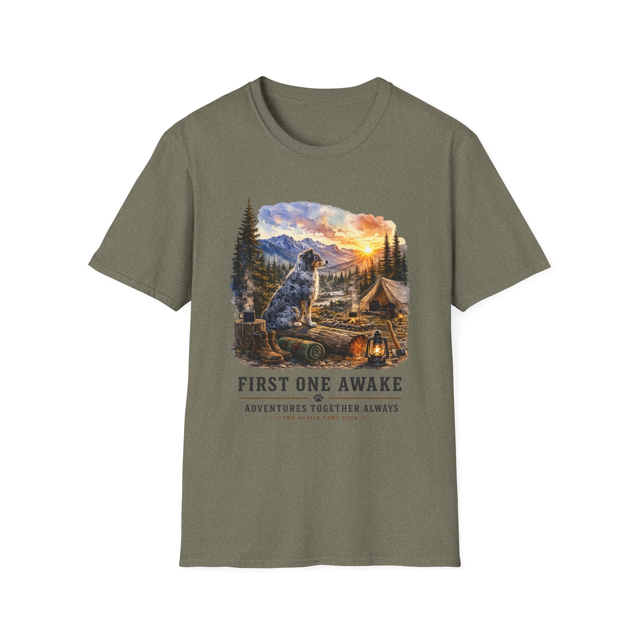 Camping Aussie T-Shirt — "First One Awake" Scenic Mountain Sunrise Tee