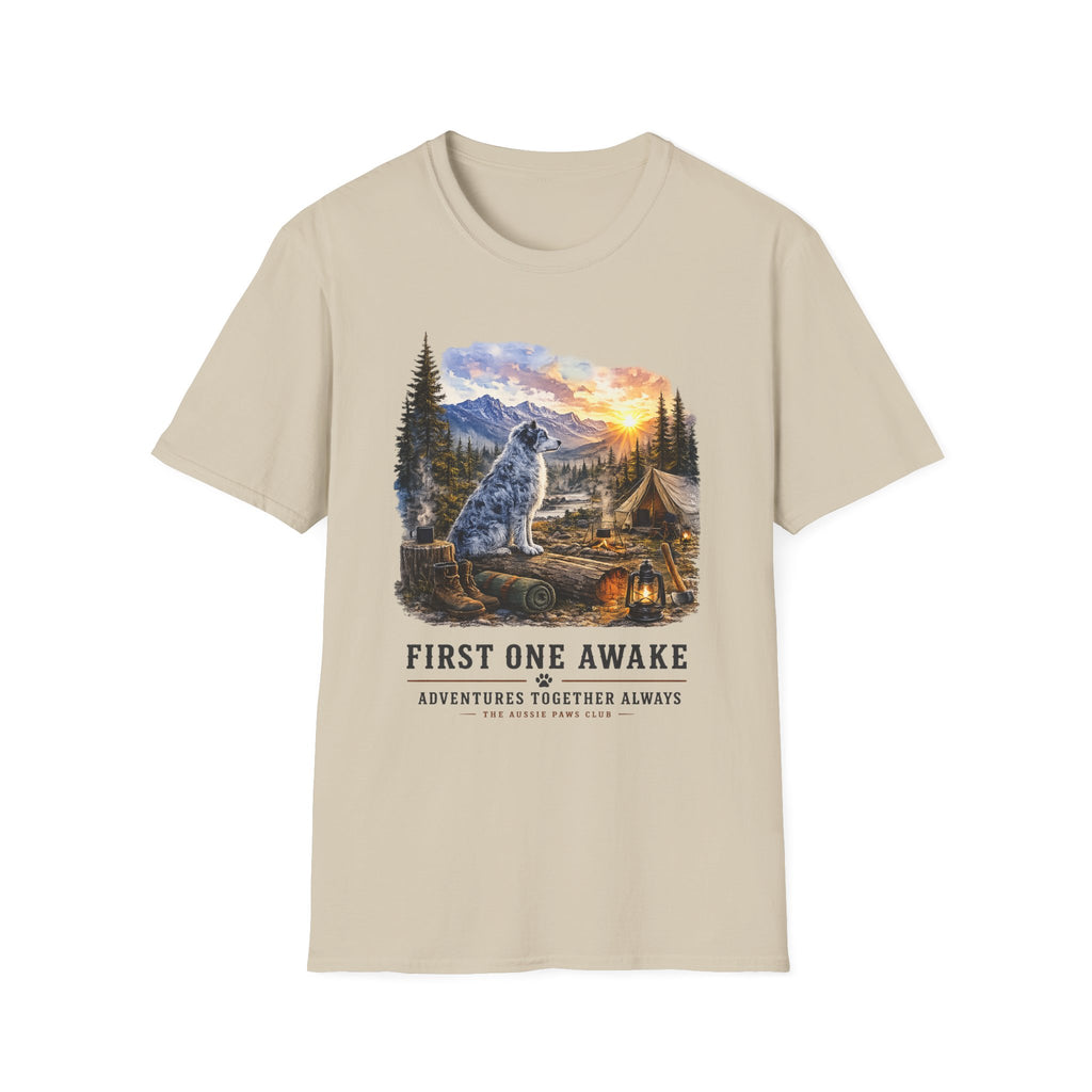 Aussie Blue Merle Camping T-Shirt — "First One Awake" Scenic Mountain Sunrise Tee