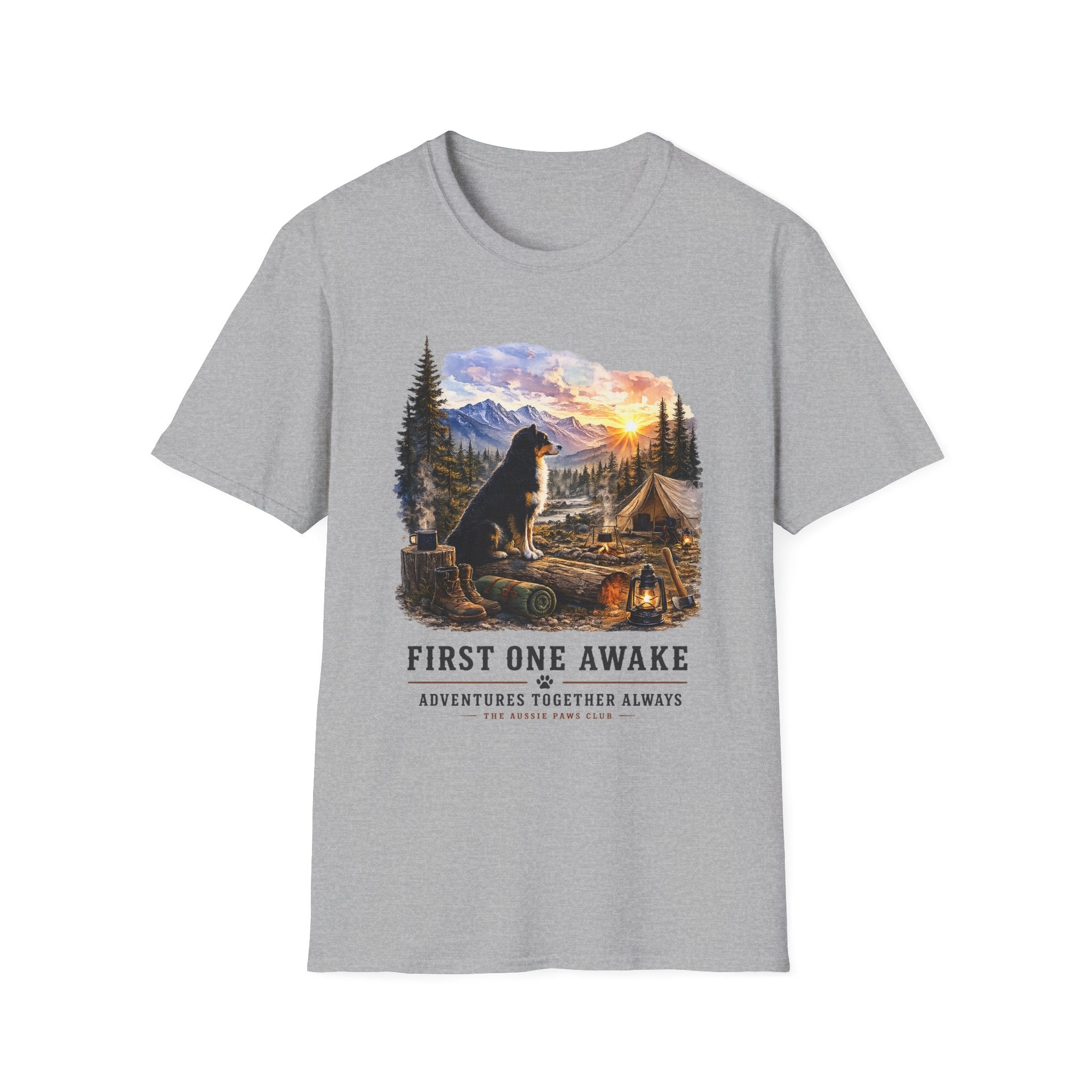 Black Tri Colored Aussie Shepherd Camping T-Shirt — "First One Awake" Scenic Mountain Sunrise Tee
