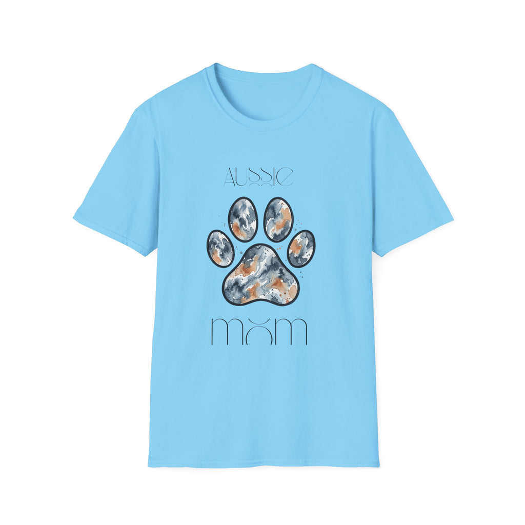Aussie Mom Merle Paw Print T-Shirt | Watercolor Blue Merle Australian Shepherd Shirt