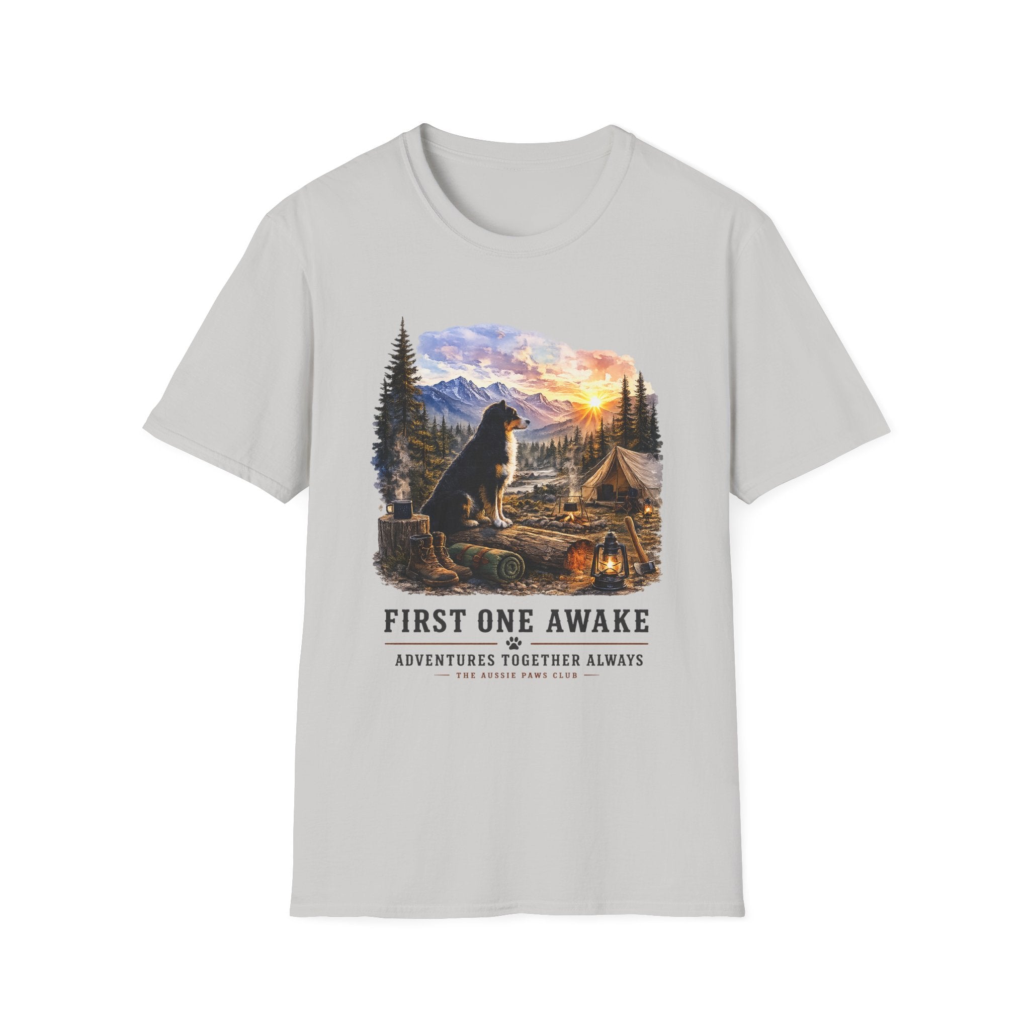 Black Tri Colored Aussie Shepherd Camping T-Shirt — "First One Awake" Scenic Mountain Sunrise Tee