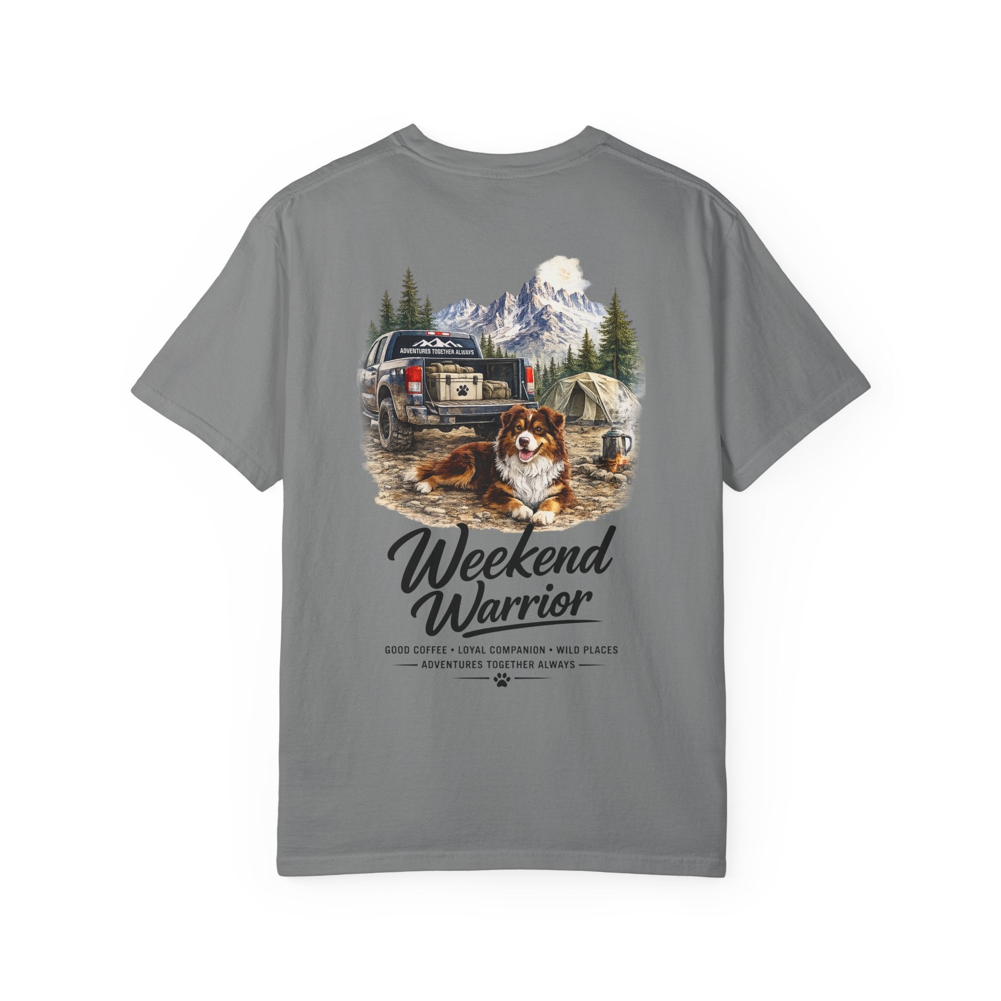 Weekend Warrior Australian Shepherd T-Shirt | Red Tri Aussie Camping Tee | Comfort Colors