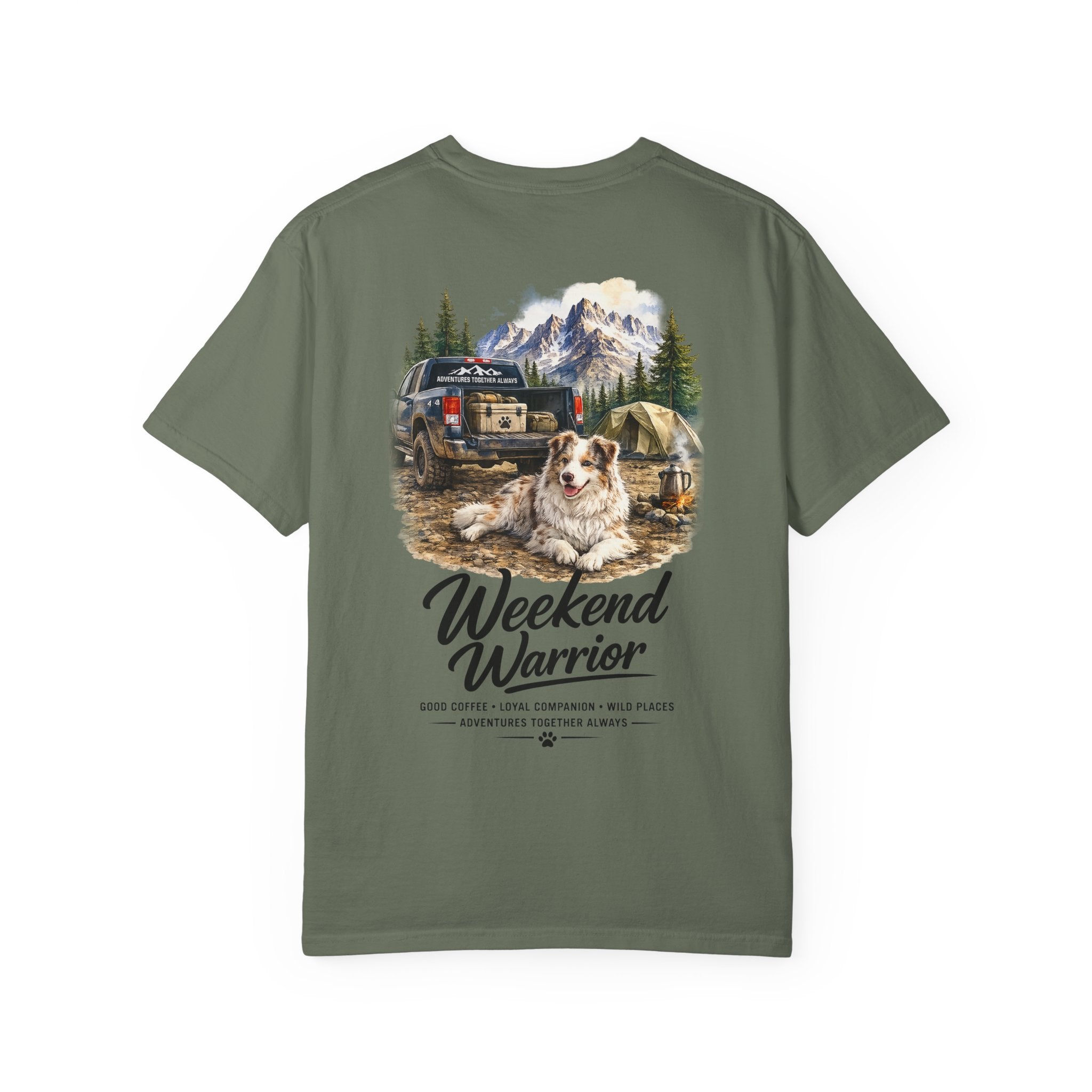 Weekend Warrior Australian Shepherd T-Shirt | Red Merle Aussie Camping Tee | Comfort Colors