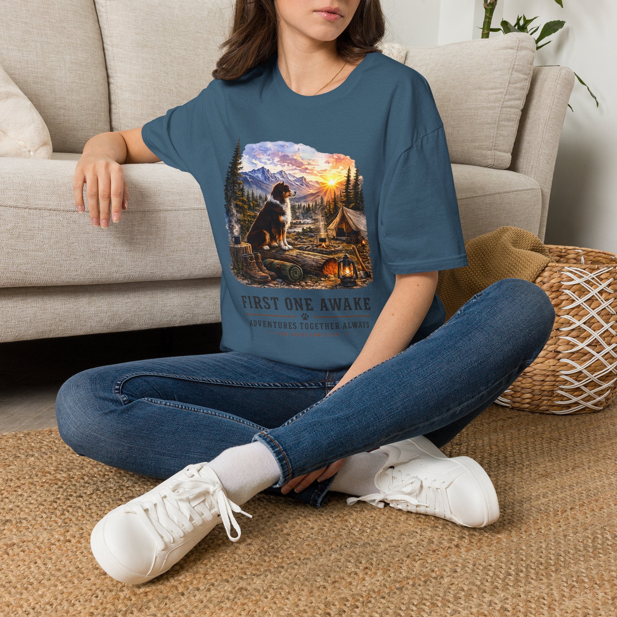 Red Tri Aussie Shepherd Camping T-Shirt — "First One Awake" Scenic Mountain Sunrise Tee