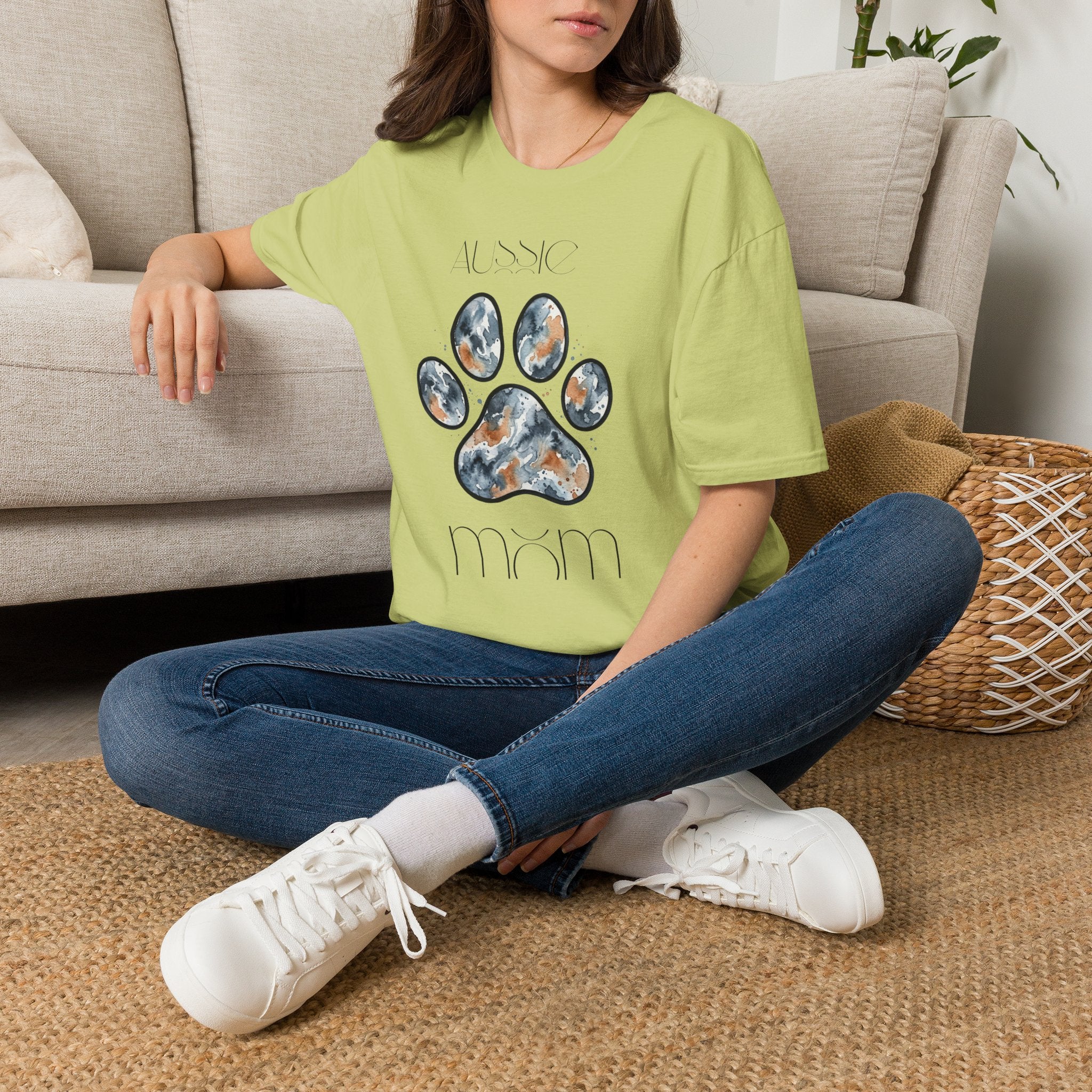 Aussie Mom Merle Paw Print T-Shirt | Watercolor Blue Merle Australian Shepherd Shirt