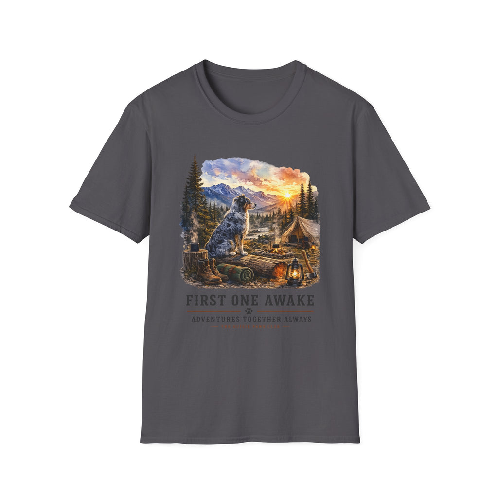 Camping Aussie T-Shirt — "First One Awake" Scenic Mountain Sunrise Tee