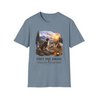 Red Tri Aussie Shepherd Camping T-Shirt — "First One Awake" Scenic Mountain Sunrise Tee