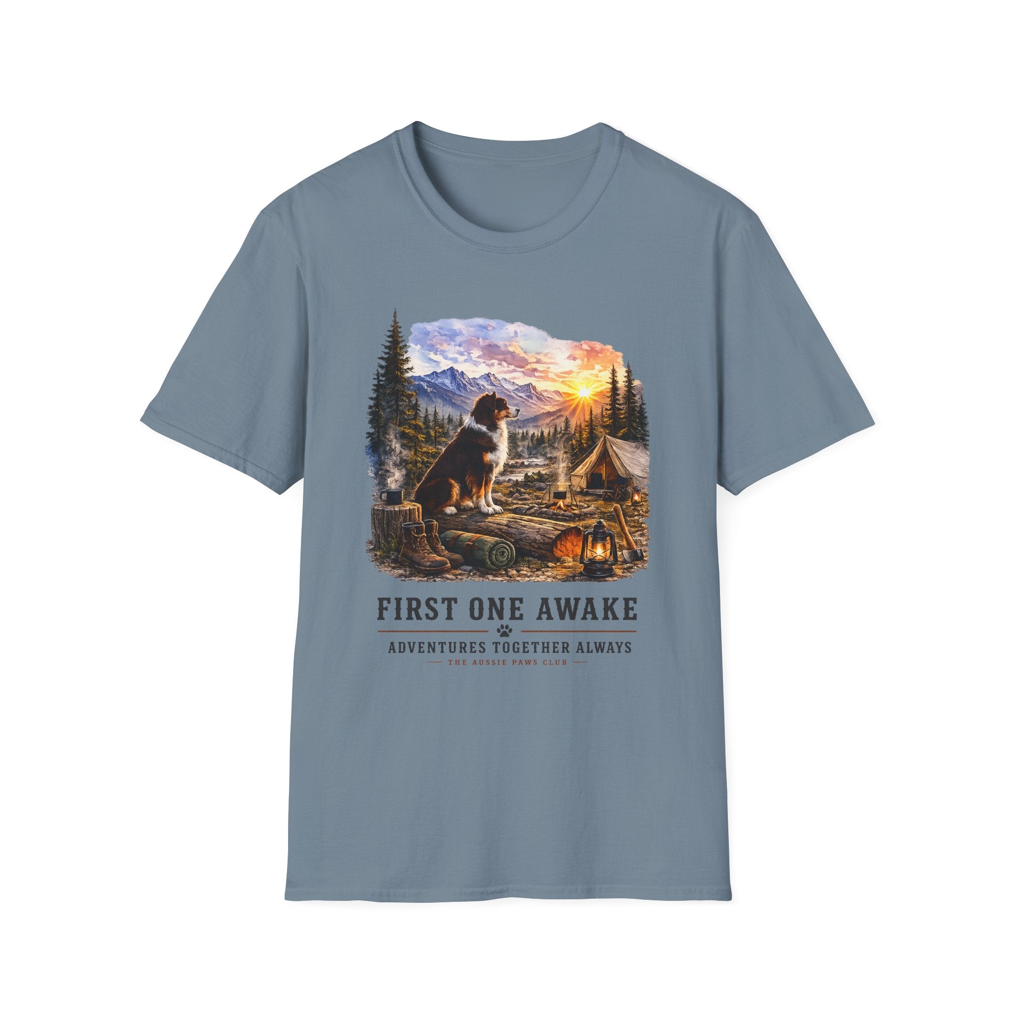 Red Tri Aussie Shepherd Camping T-Shirt — "First One Awake" Scenic Mountain Sunrise Tee
