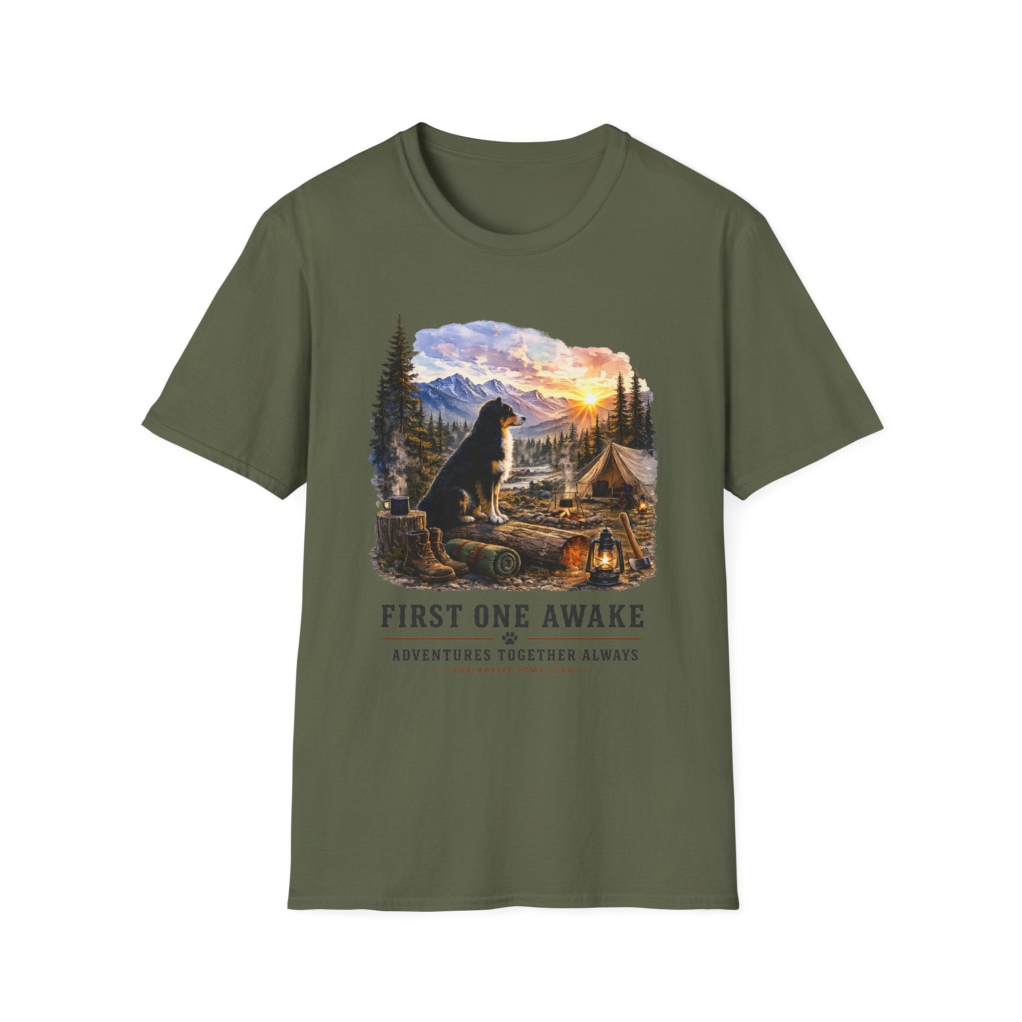 Black Tri Colored Aussie Shepherd Camping T-Shirt — "First One Awake" Scenic Mountain Sunrise Tee