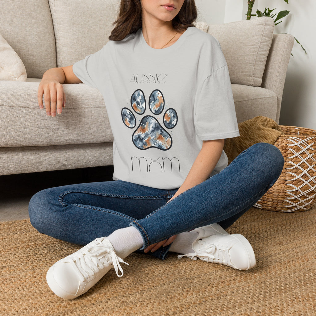 Aussie Mom Merle Paw Print T-Shirt | Watercolor Blue Merle Australian Shepherd Shirt