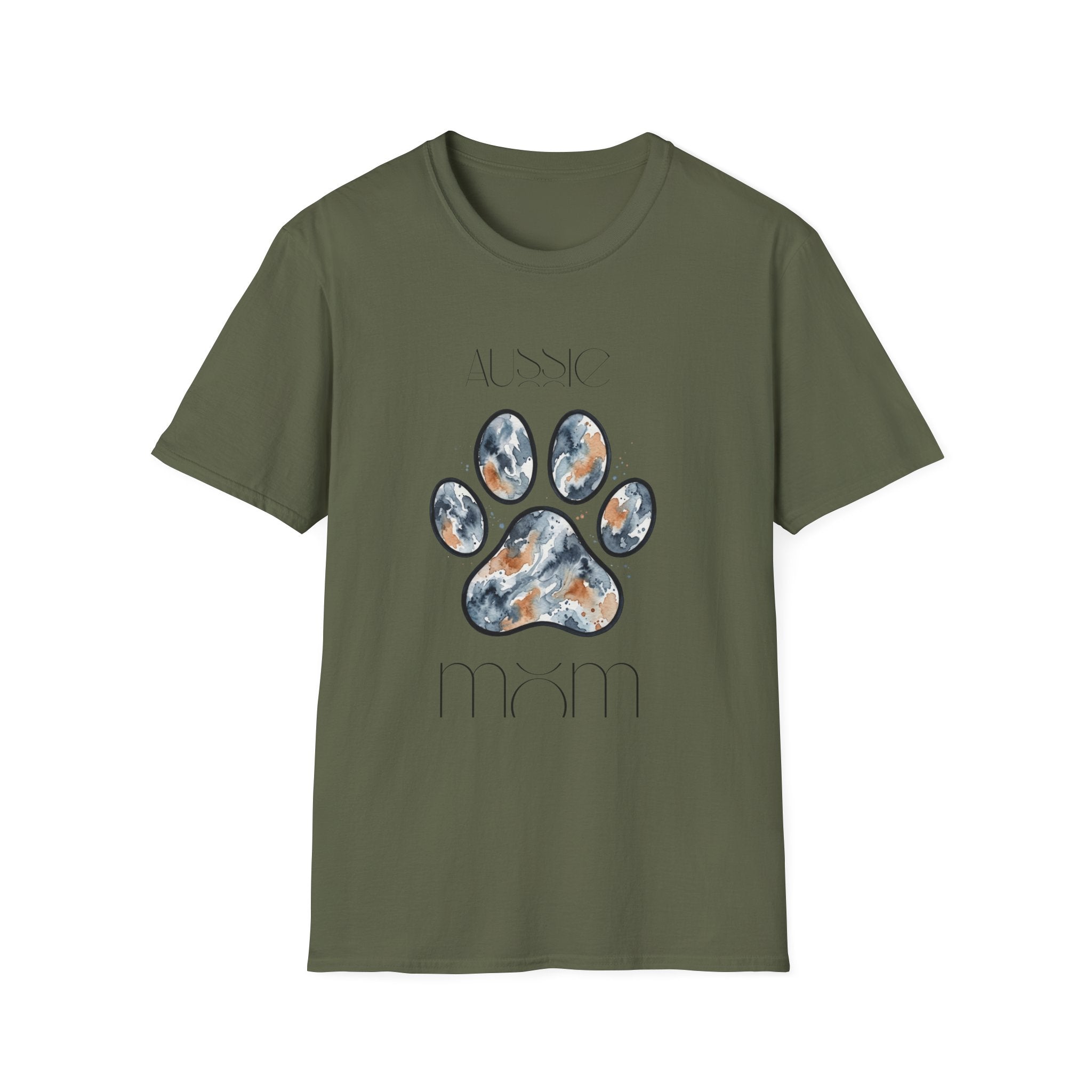 Aussie Mom Merle Paw Print T-Shirt | Watercolor Blue Merle Australian Shepherd Shirt