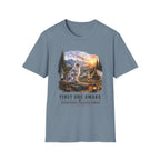 Aussie Red Merle Camping T-Shirt — "First One Awake" Scenic Mountain Sunrise Tee