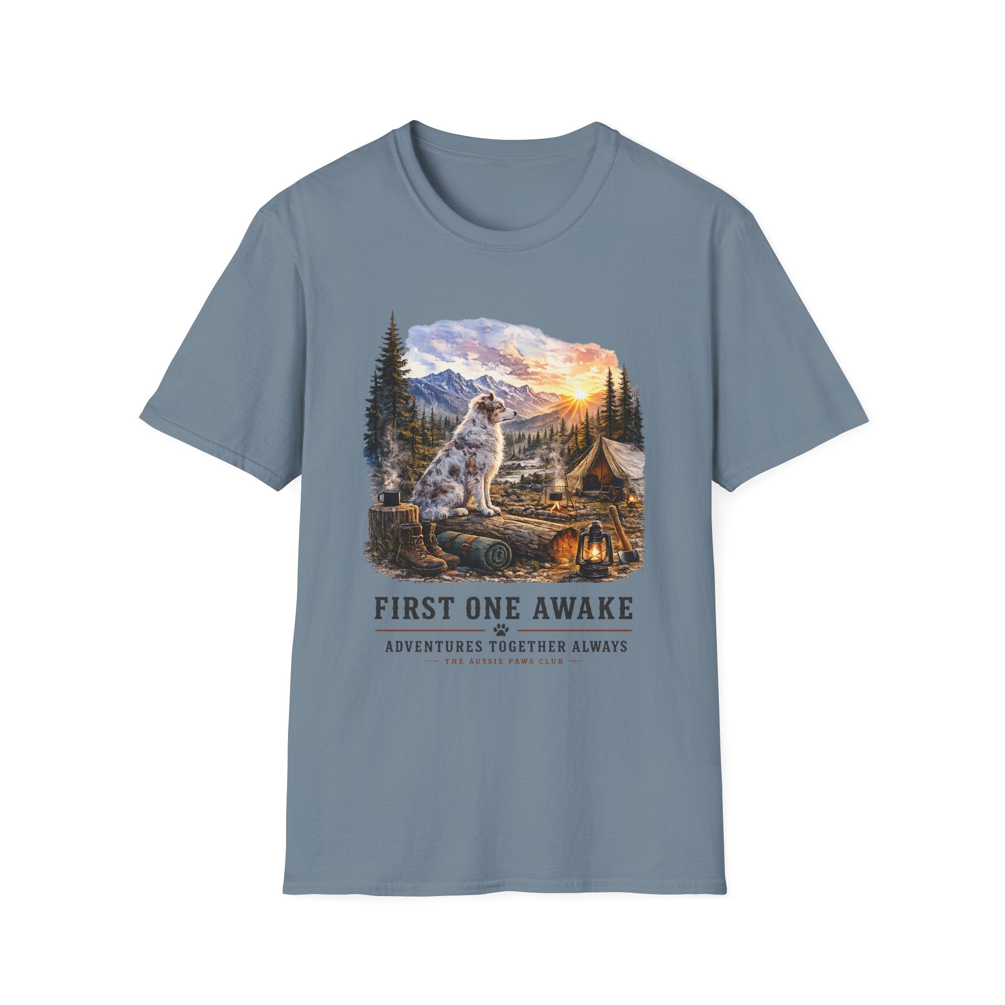Aussie Red Merle Camping T-Shirt — "First One Awake" Scenic Mountain Sunrise Tee
