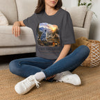 Aussie Blue Merle Camping T-Shirt — "First One Awake" Scenic Mountain Sunrise Tee
