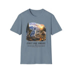 Aussie Blue Merle Camping T-Shirt — "First One Awake" Scenic Mountain Sunrise Tee