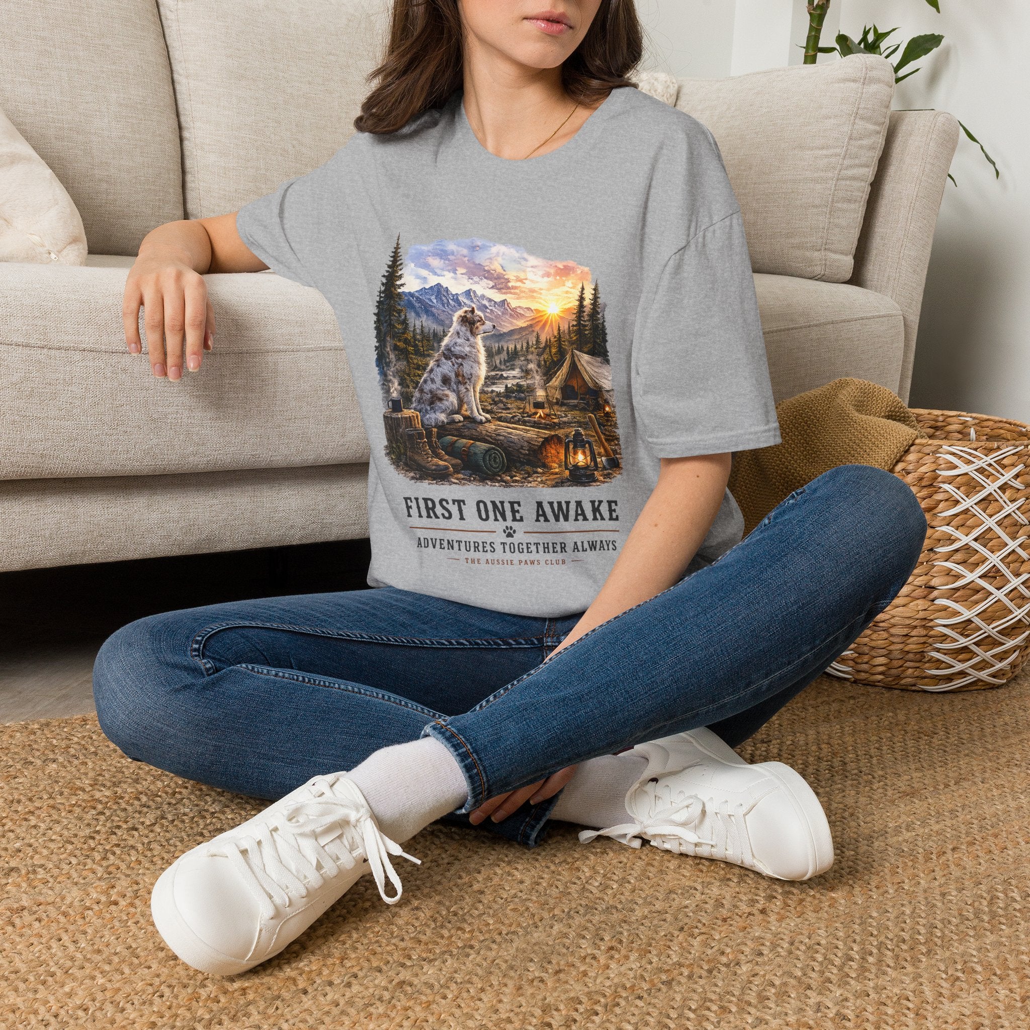 Aussie Red Merle Camping T-Shirt — "First One Awake" Scenic Mountain Sunrise Tee