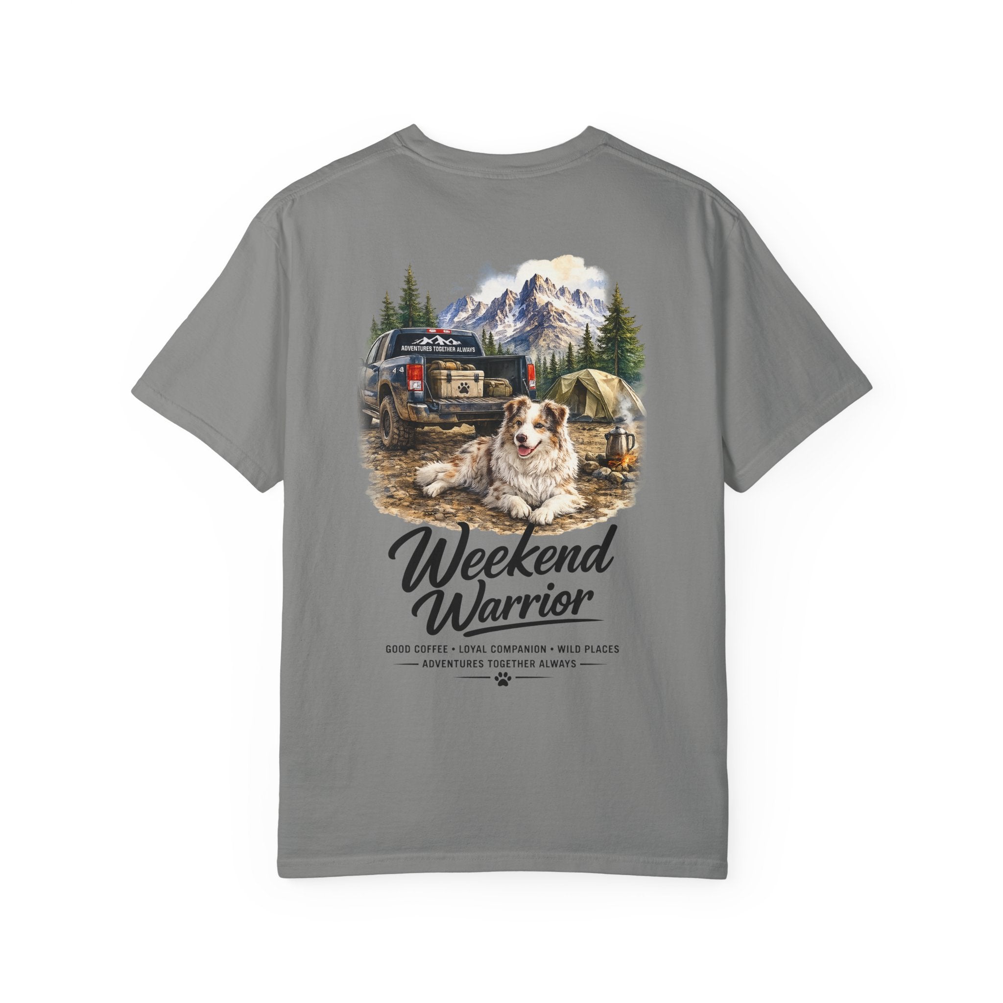 Weekend Warrior Australian Shepherd T-Shirt | Red Merle Aussie Camping Tee | Comfort Colors