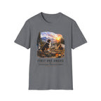 Red Tri Aussie Shepherd Camping T-Shirt — "First One Awake" Scenic Mountain Sunrise Tee