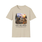 Red Tri Aussie Shepherd Camping T-Shirt — "First One Awake" Scenic Mountain Sunrise Tee