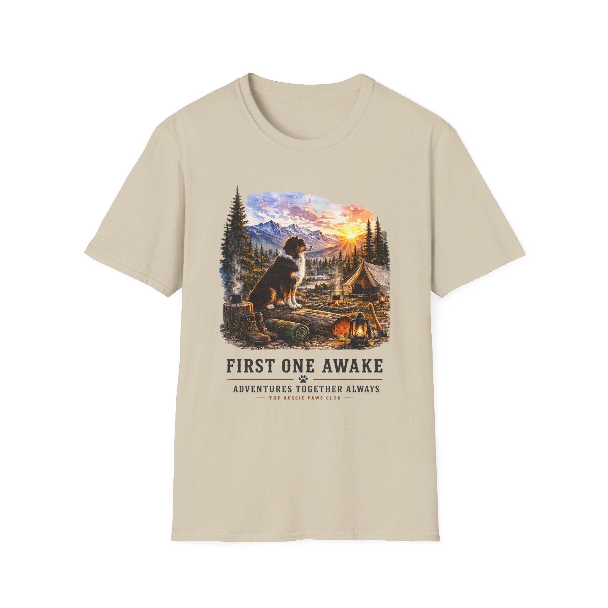 Red Tri Aussie Shepherd Camping T-Shirt — "First One Awake" Scenic Mountain Sunrise Tee