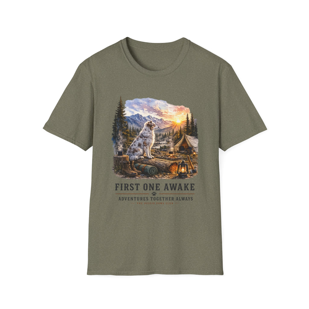 Aussie Red Merle Camping T-Shirt — "First One Awake" Scenic Mountain Sunrise Tee