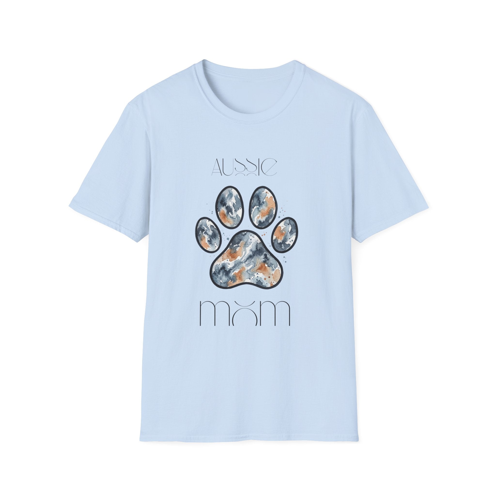 Aussie Mom Merle Paw Print T-Shirt | Watercolor Blue Merle Australian Shepherd Shirt