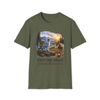 Aussie Blue Merle Camping T-Shirt — "First One Awake" Scenic Mountain Sunrise Tee
