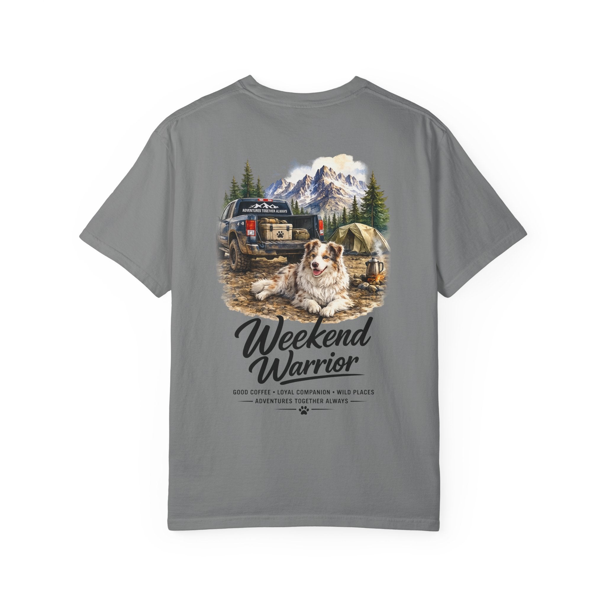Weekend Warrior Australian Shepherd T-Shirt | Red Merle Aussie Camping Tee | Comfort Colors