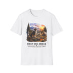 Red Tri Aussie Shepherd Camping T-Shirt — "First One Awake" Scenic Mountain Sunrise Tee