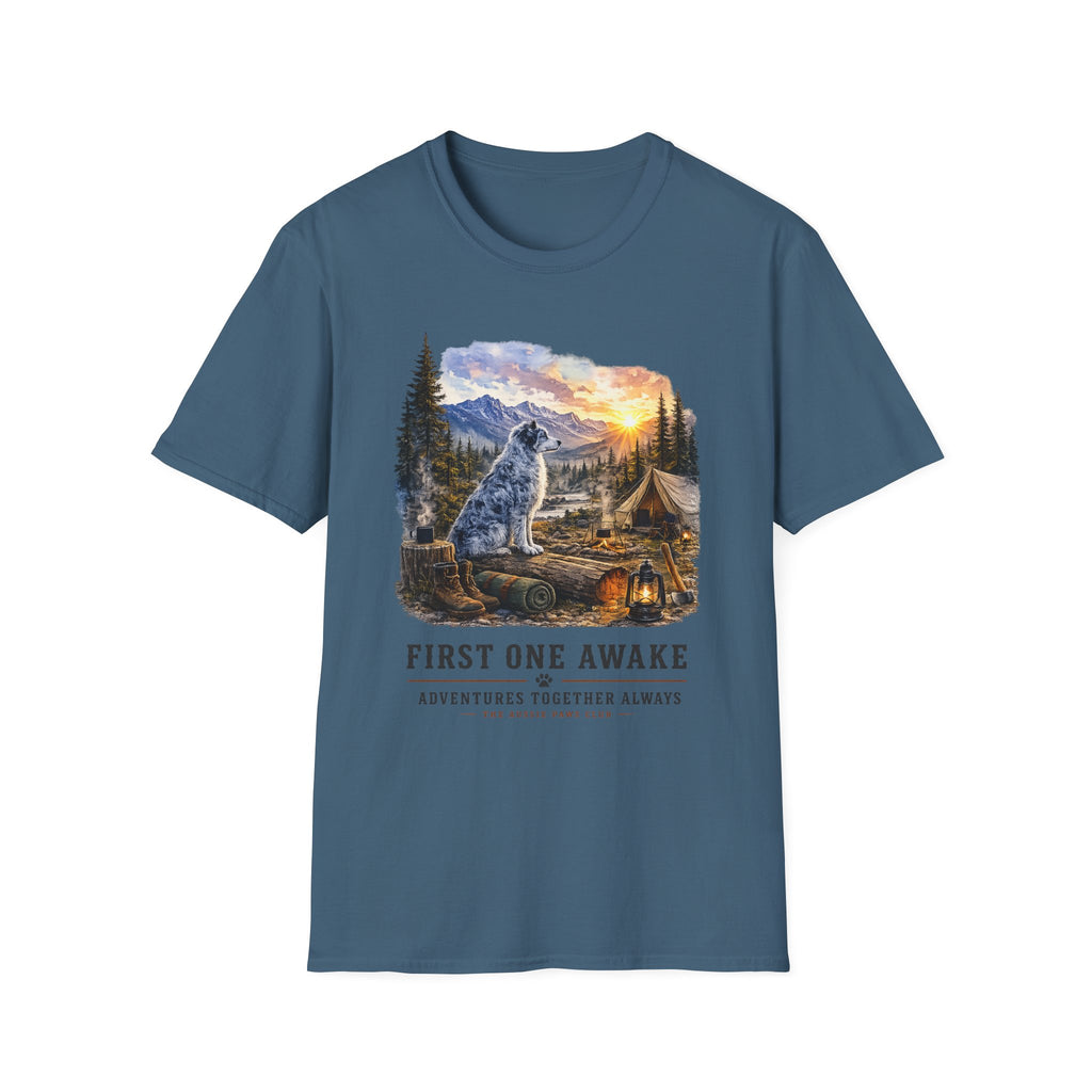Aussie Blue Merle Camping T-Shirt — "First One Awake" Scenic Mountain Sunrise Tee