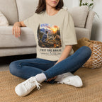 Camping Aussie T-Shirt — "First One Awake" Scenic Mountain Sunrise Tee