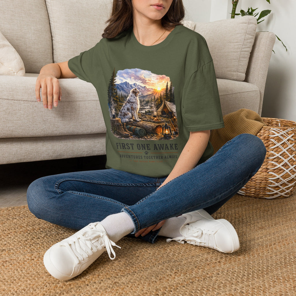 Aussie Red Merle Camping T-Shirt — "First One Awake" Scenic Mountain Sunrise Tee
