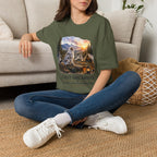 Aussie Red Merle Camping T-Shirt — "First One Awake" Scenic Mountain Sunrise Tee