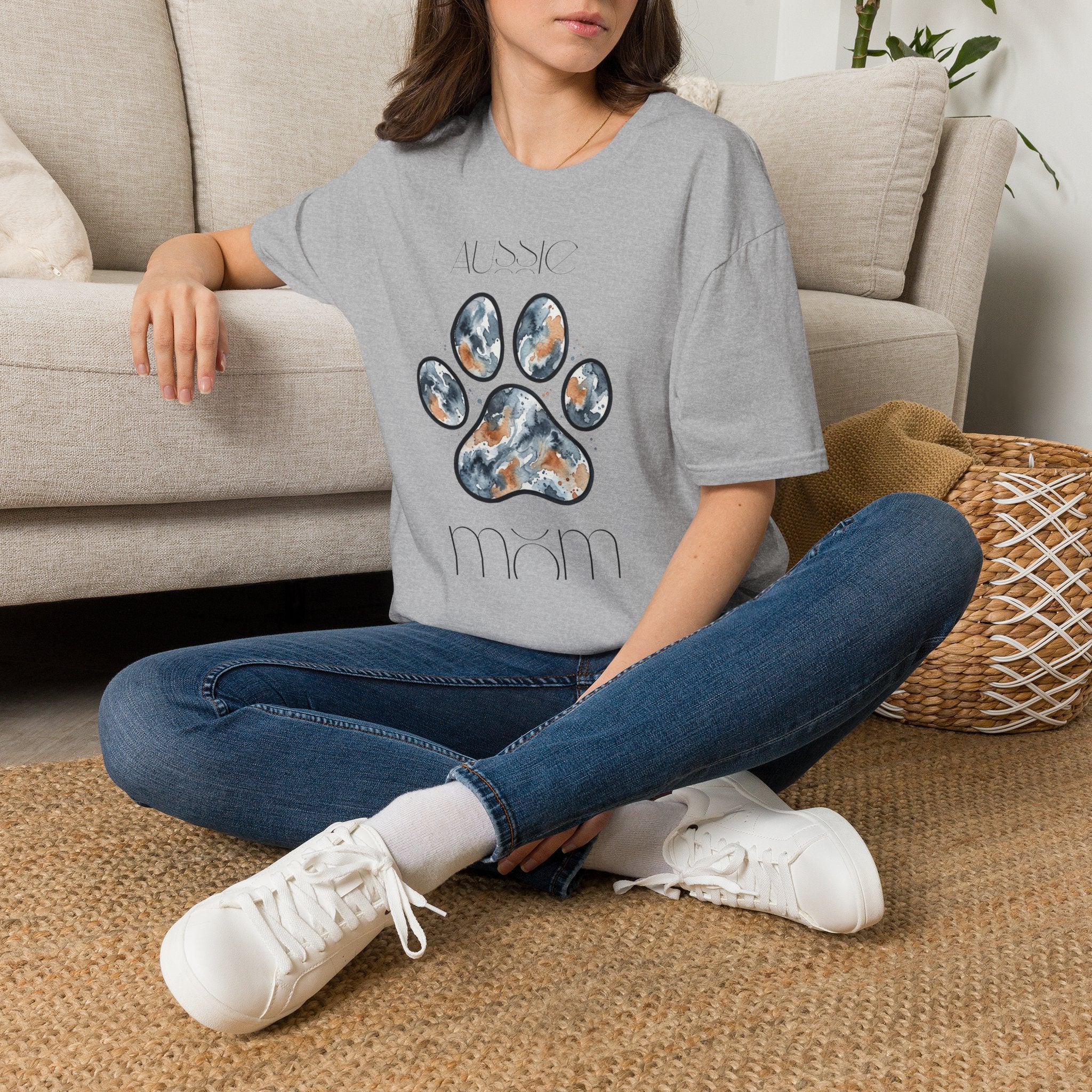 Aussie Mom Merle Paw Print T-Shirt | Watercolor Blue Merle Australian Shepherd Shirt