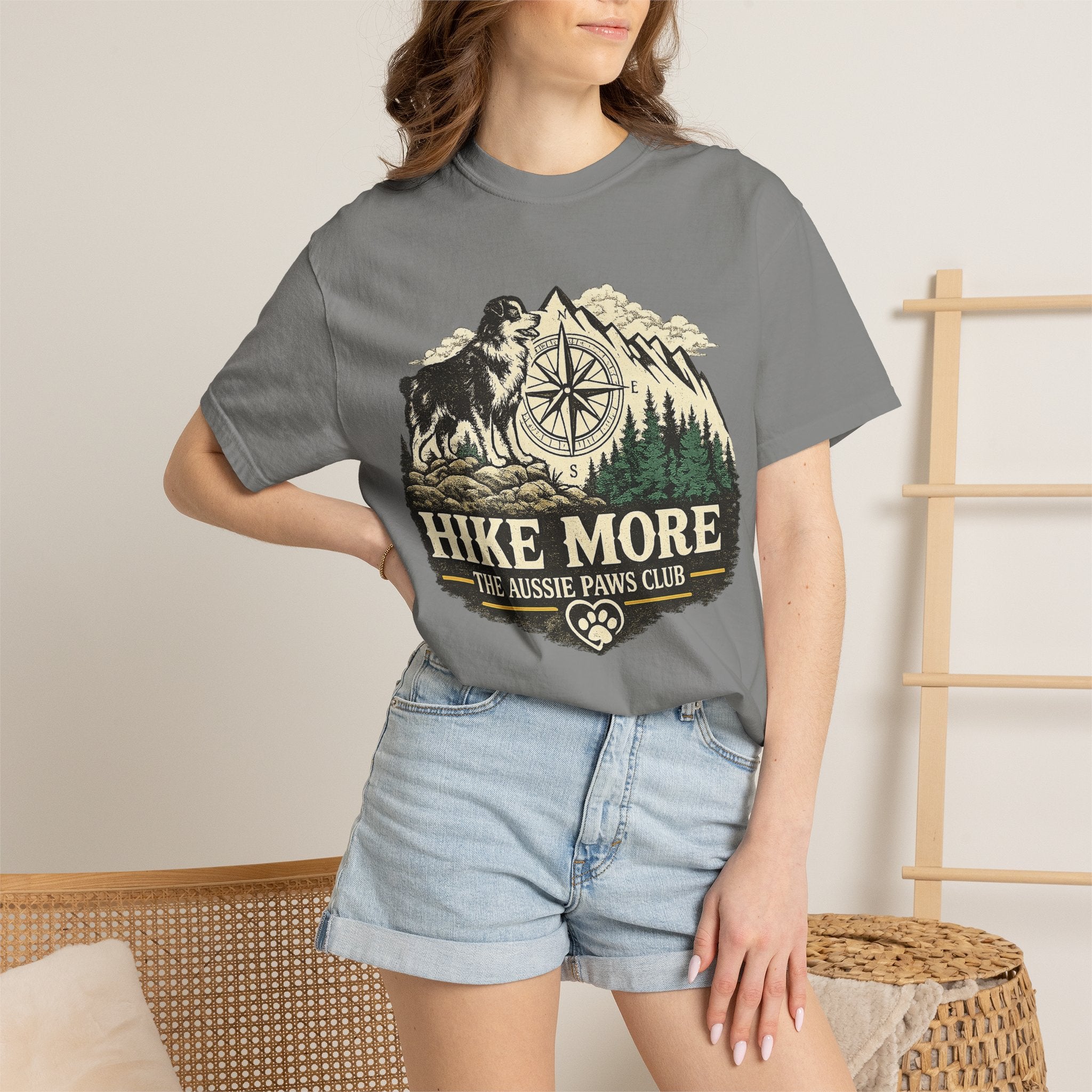 Hike More Australian Shepherd T-Shirt | Vintage Compass Mountain Trail Tee
