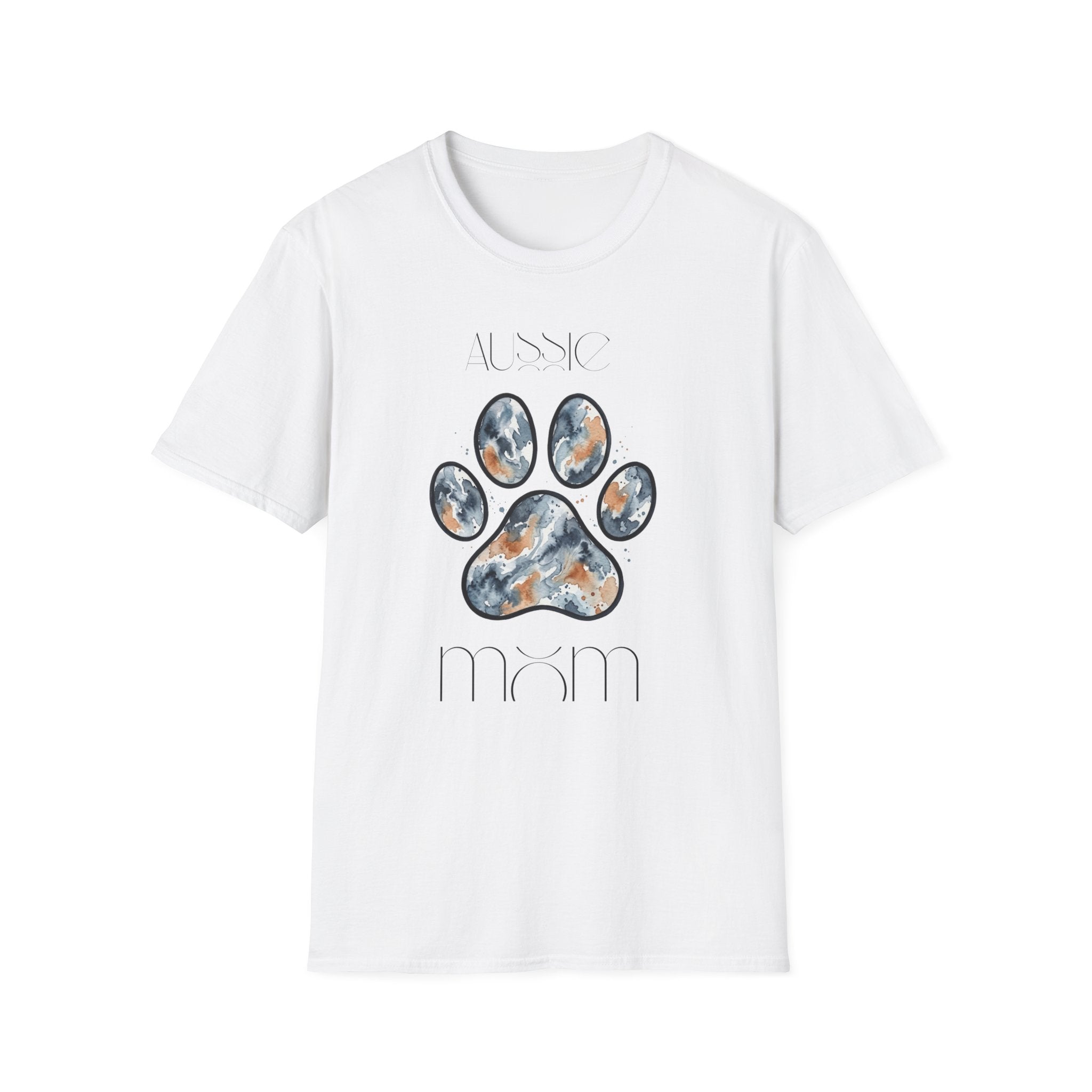 Aussie Mom Merle Paw Print T-Shirt | Watercolor Blue Merle Australian Shepherd Shirt