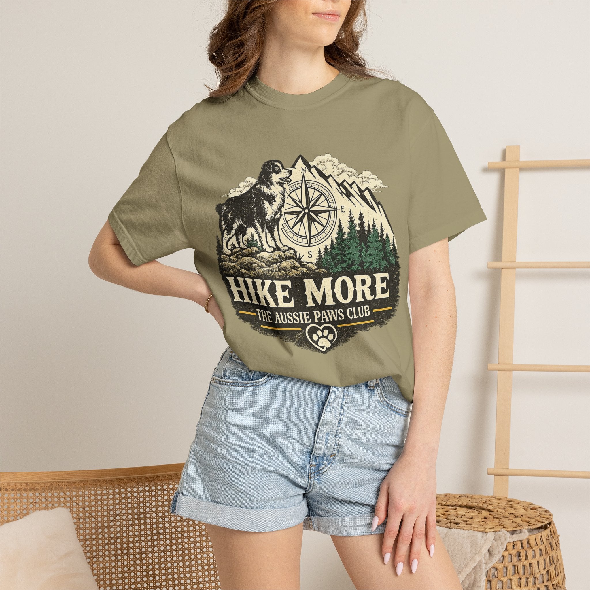 Hike More Australian Shepherd T-Shirt | Vintage Compass Mountain Trail Tee