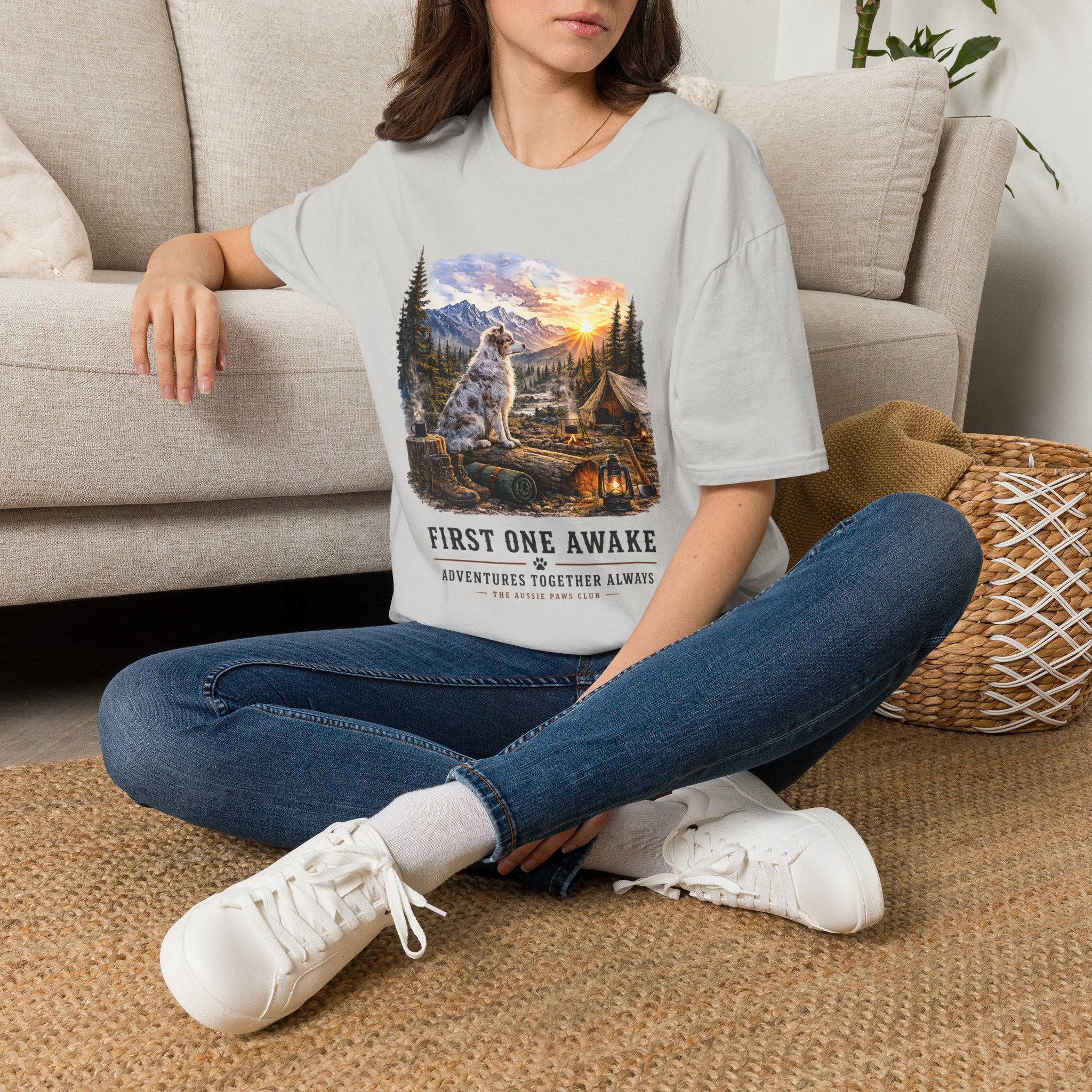 Aussie Red Merle Camping T-Shirt — "First One Awake" Scenic Mountain Sunrise Tee
