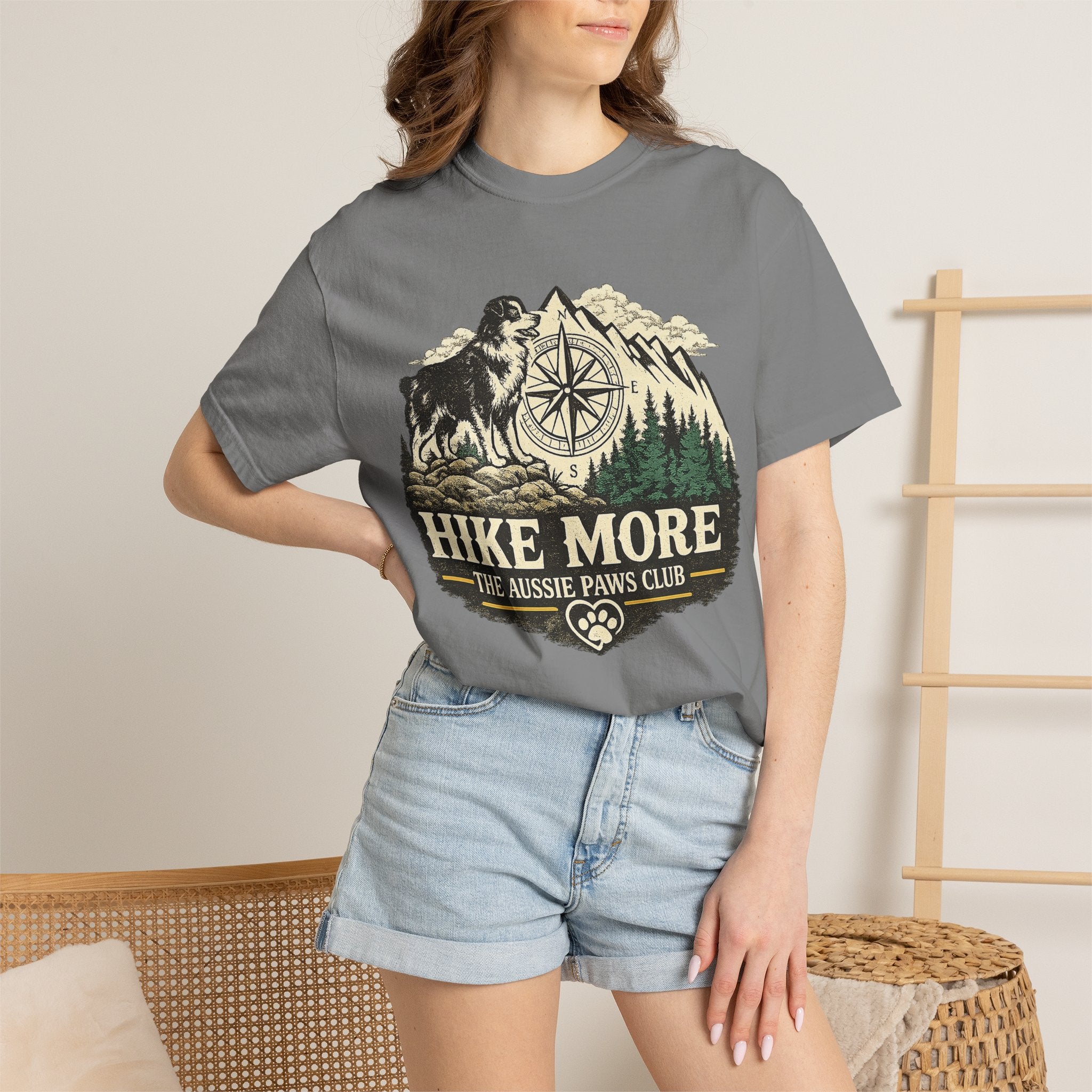 Hike More Australian Shepherd T-Shirt | Vintage Compass Mountain Trail Tee
