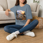 Aussie Red Merle Camping T-Shirt — "First One Awake" Scenic Mountain Sunrise Tee