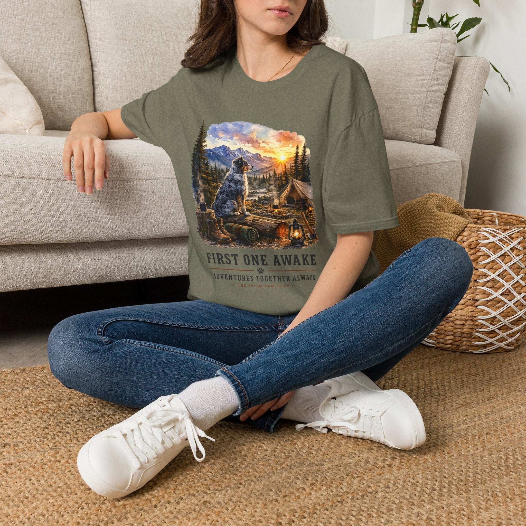 Camping Aussie T-Shirt — "First One Awake" Scenic Mountain Sunrise Tee