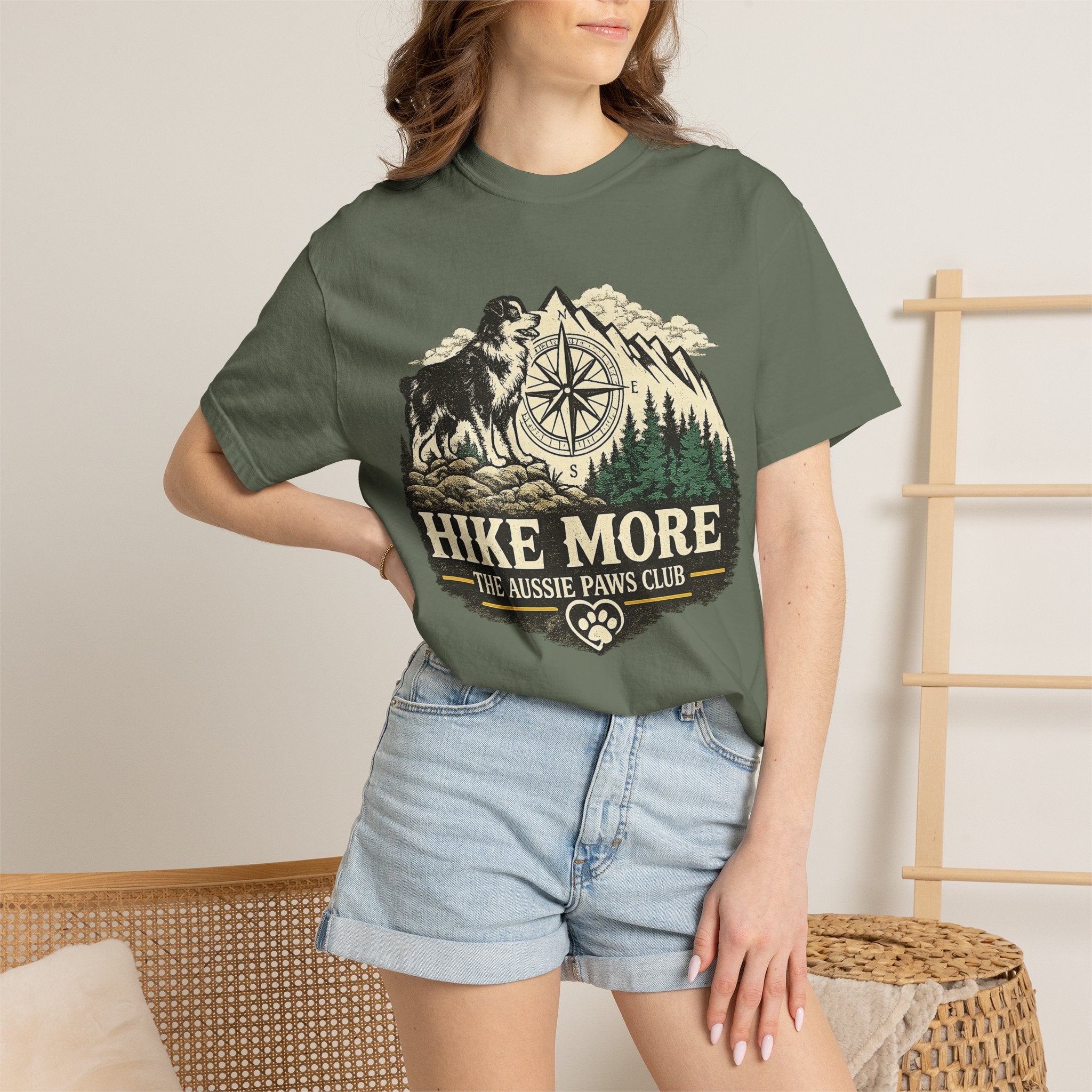 Hike More Australian Shepherd T-Shirt | Vintage Compass Mountain Trail Tee