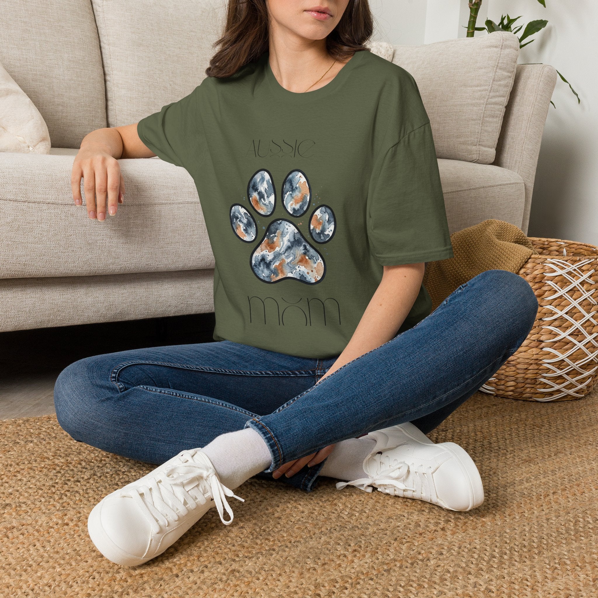 Aussie Mom Merle Paw Print T-Shirt | Watercolor Blue Merle Australian Shepherd Shirt