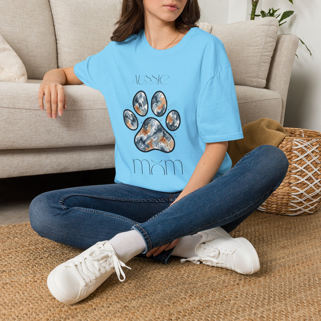 Aussie Mom Merle Paw Print T-Shirt | Watercolor Blue Merle Australian Shepherd Shirt