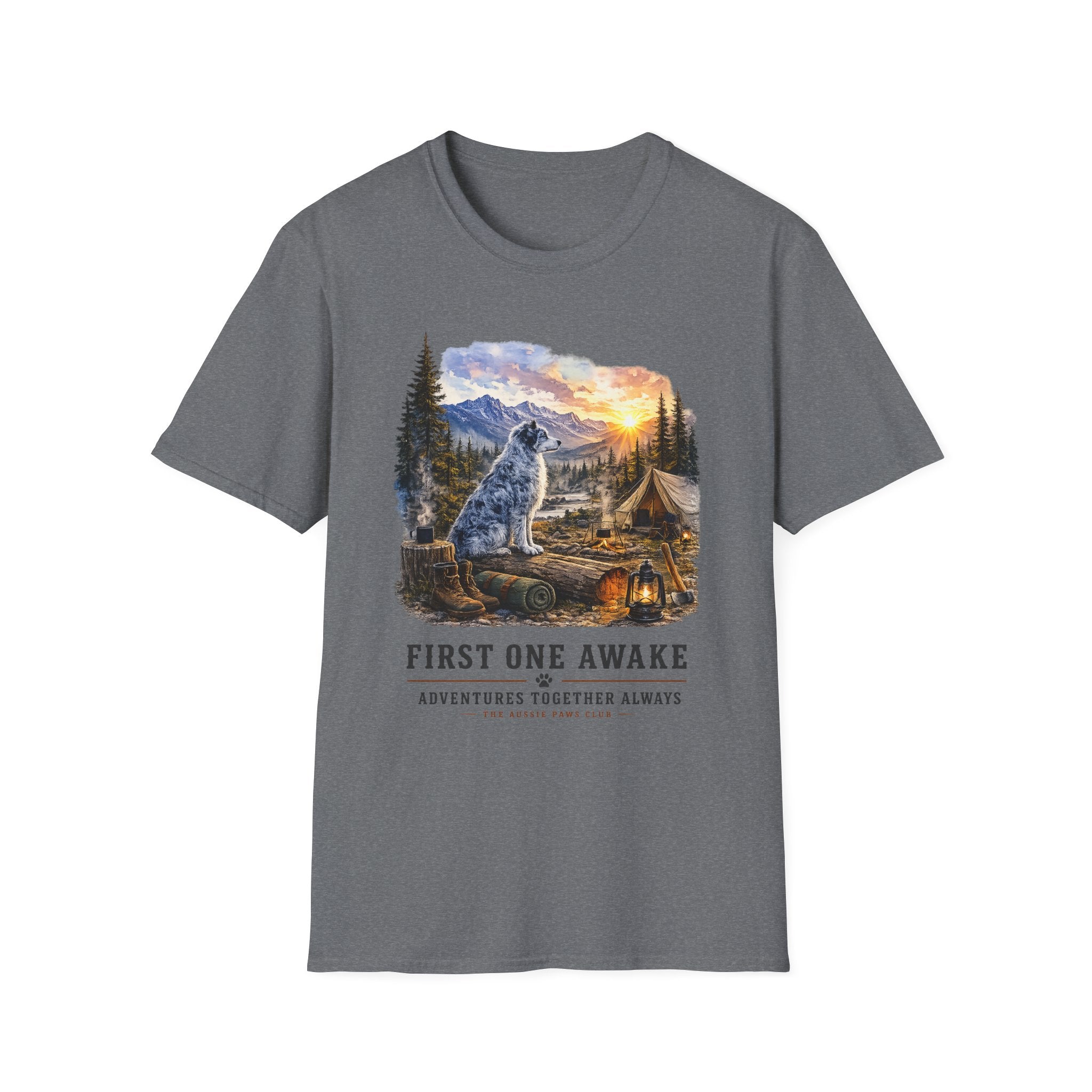 Aussie Blue Merle Camping T-Shirt — "First One Awake" Scenic Mountain Sunrise Tee