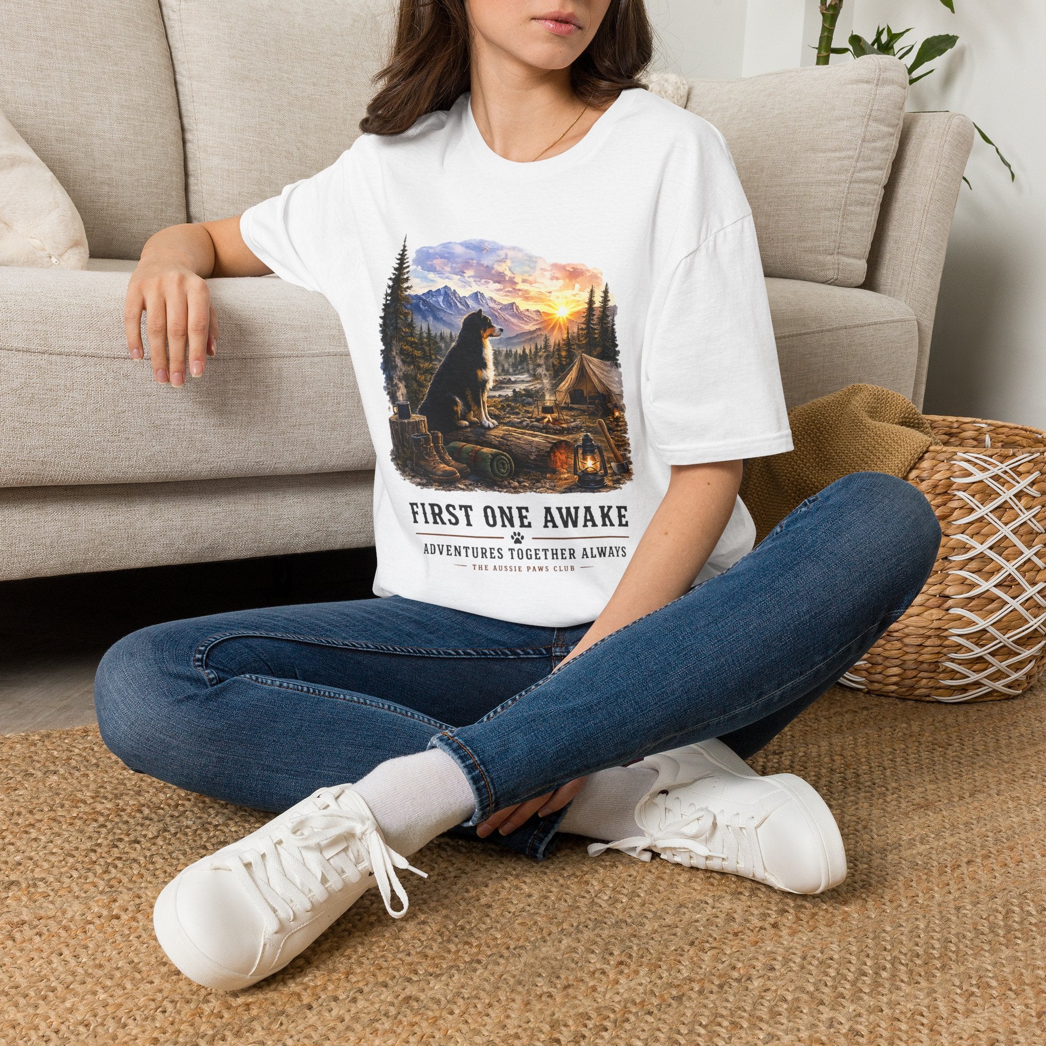 Black Tri Colored Aussie Shepherd Camping T-Shirt — "First One Awake" Scenic Mountain Sunrise Tee
